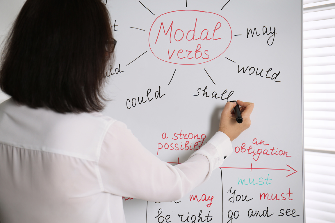 English Teacher Giving Lesson on Modal Verbs near Whiteboard in